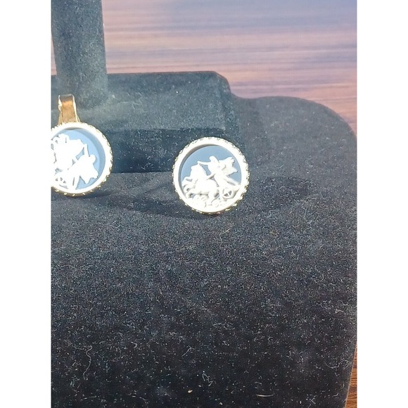 Vintage Cameo Trojan War Cufflinks & Tie clip Blue and White Horses - Picture 9 of 12